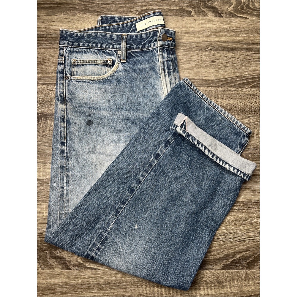 Todd Shelton Selvedge Jeans Men's 35 Straight Leg Blue Denim Faded Distressed